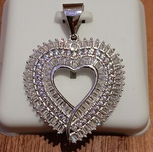 925 SILVER CZ Iced Out Heart Shaped Charm Pendant Baguette/Round Diamond Simulan